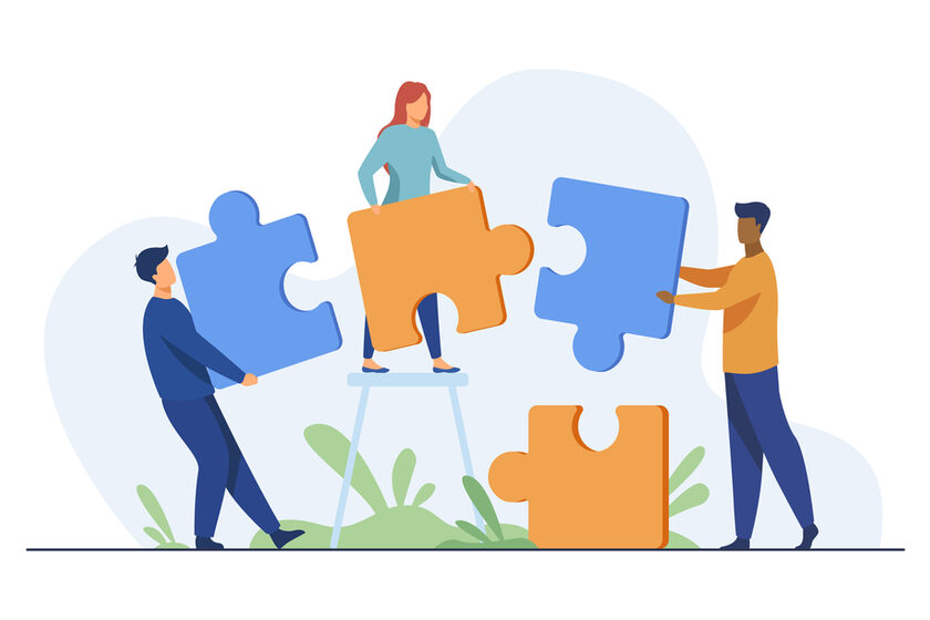 Partners holding big jigsaw puzzle pieces flat vector illustration. Successful partnership, communication and collaboration metaphor. Teamwork and business cooperation concept.